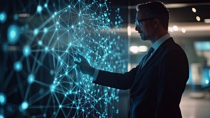 Sophisticated executive interacts with cutting-edge futuristic technology interface