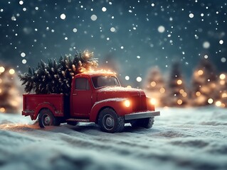 Red Truck Transports Christmas Tree in Snowy Winter Landscape