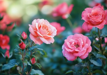 Obraz premium Beautiful garden full of pink and coral roses blooming under natural sunlight, creating a vibrant and serene atmosphere in nature's embrace