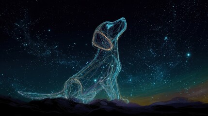 Digital rendering of a canine figure against a starry night sky.