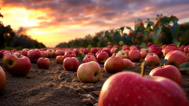 Two ripe red apples rest on the ground in an orchard at sunset.  Warm light illuminates the scene, highlighting the apples' texture and the surrounding rows of apple trees