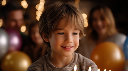 Cheerful boy celebrating birthday, sharing excited moment with family, preparing to blow out candles on festive cake with colorful balloons framing happy scene