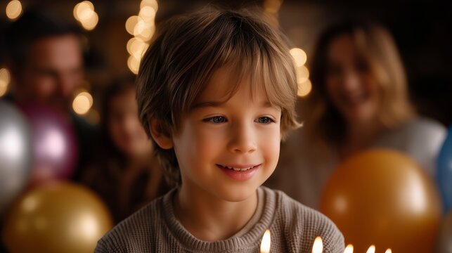 Cheerful boy celebrating birthday, sharing excited moment with family, preparing to blow out candles on festive cake with colorful balloons framing happy scene