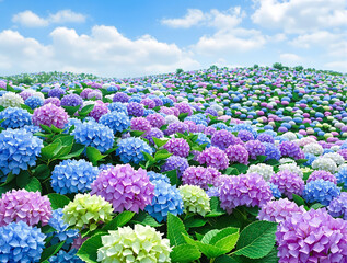 丘の上まで続く空の下のカラフルな紫陽花の花々
