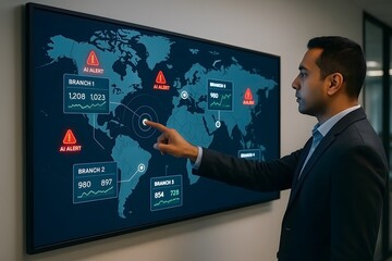 Business professional analyzing data on world map display highlighting global ai alerts and branch performance metrics