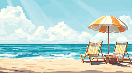 Obraz premium Sun-Kissed Beach Getaway: A serene scene unfolds with the gentle sea breeze and inviting beach, inviting tranquility and leisure under a colorful beach umbrella and sun chairs. 