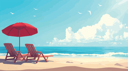 Serenity at the Beach: Two empty beach chairs under a bright red umbrella, inviting you to relax on a serene beach by the sea with fluffy clouds and soaring seagulls, perfect for an ideal summer day.