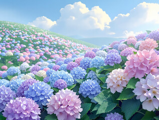 丘に咲く空の下のカラフルな淡い色の紫陽花の花々
