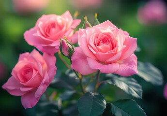 Beautiful pink roses blooming in a lush garden setting surrounded by vibrant green foliage under soft natural light, showcasing their delicate petals and elegance.