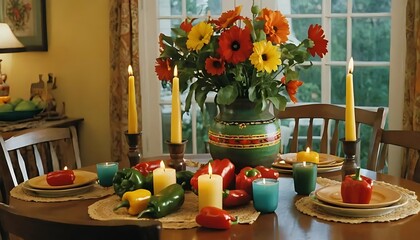 Colorful Floral Centerpiece and Peppers on Table with Lit Candles