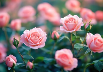Obraz premium Beautiful pink roses blooming in a lush garden setting, creating a serene atmosphere filled with vibrant colors and natural beauty for relaxation and inspiration