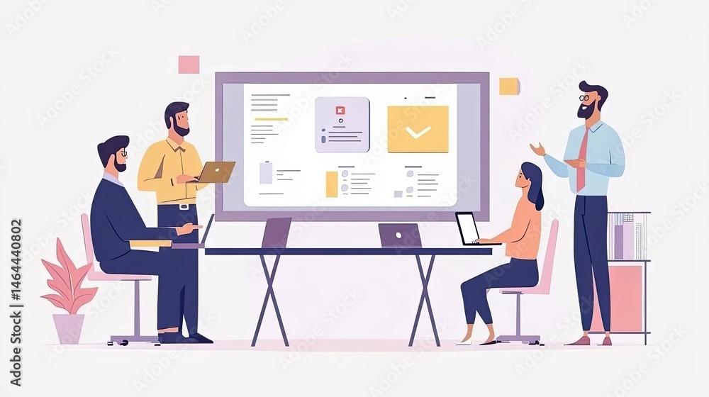 Poster collaborative teamwork in modern office presentation with project display