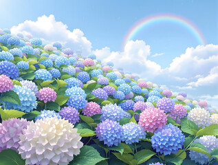 雨の少し残る青空と虹をバックにカラフルな紫陽花の花々
