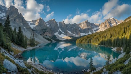 Serene reflections of snow-capped mountains and evergreen forests in glacial lakes of Banff, Canada and New Zealand