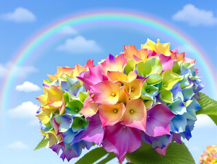 青空と虹の下の虹色の紫陽花の花々
