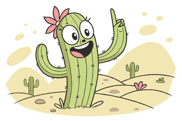 Fototapeta premium 93 Cartoon cactus character, expressive face, big smile, wide eyes, raised arm, pointing upward, pink flowers, desert background, small cactus, pebbles, comical, vibrant green, cheerful, animated styl