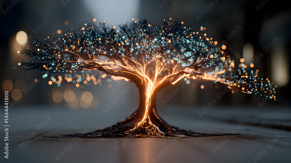 Poster glowing tree of light ai decision tree visualization