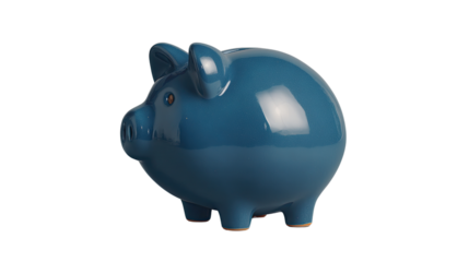 A shiny blue ceramic piggy bank sits against a plain white background, symbolizing savings, financial planning, and childhood memories of money management practice.