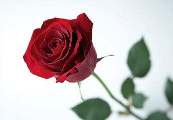 Naklejka premium Beautiful single red rose on white background with green leaves, symbolizing love, passion, and romance for various creative projects and designs