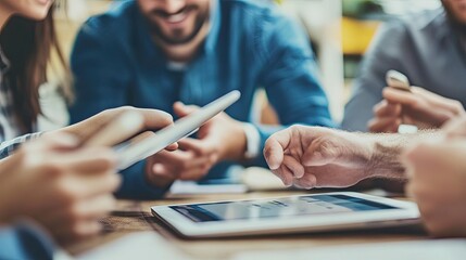 Collaborative team reviewing data insights on digital tablets in meeting