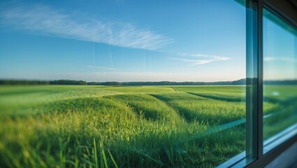 A vibrant summer landscape unfolds with a lush green field under a vast blue sky, dotted with fluffy clouds and bright sunlight