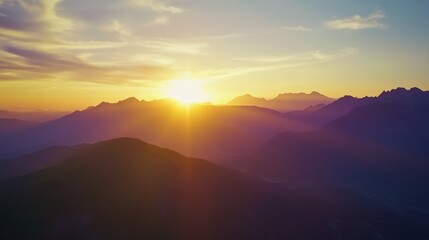 Fototapeta premium Sunrise over mountains landscape with colorful sky, nature scenery, tranquil morning view, outdoor adventure, travel destination, peaceful wilderness retreat.