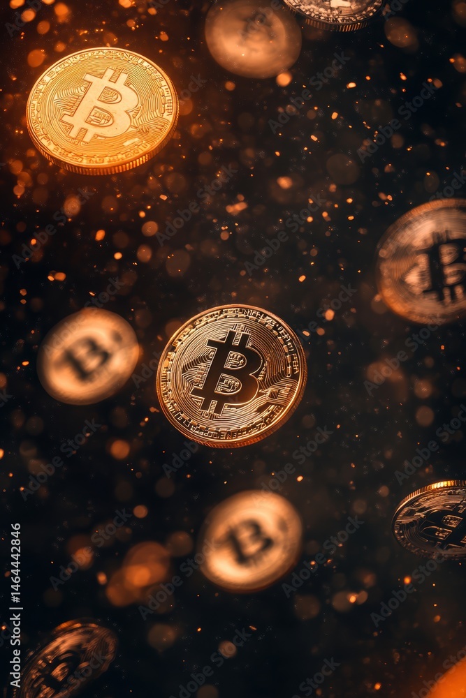 Aufkleber bitcoin cryptocurrency coins floating in digital space with golden sparkles and glowing effects, rep