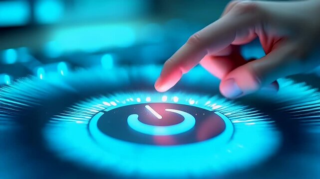 Hand pressing power button futuristic touch screen