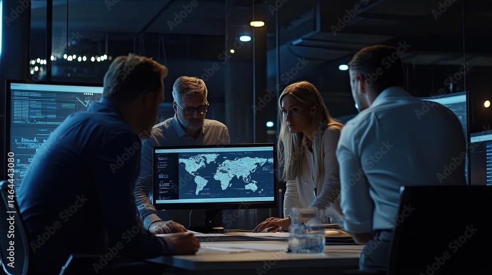 Poster global strategy meeting in a high-tech environment focusing on world data analysis