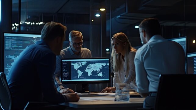 Global strategy meeting in a high-tech environment focusing on world data analysis