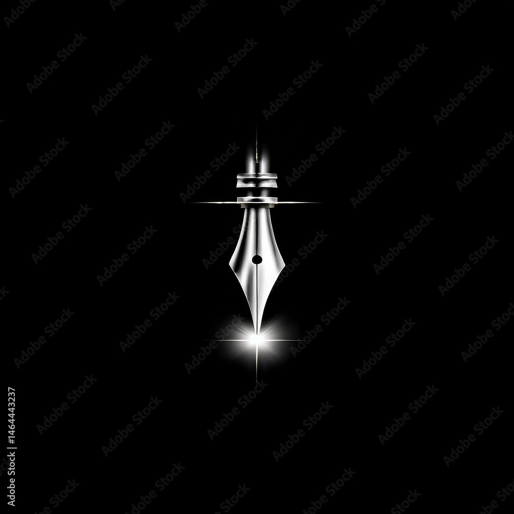 Aufkleber Silver Fountain Pen Nib with a Burst of Light on a Black Background – Elegance, Writing and Artistic Expression.