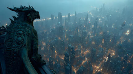 Fototapeta premium Stone Dragon Guardian Over Futuristic Cityscape Digital Art