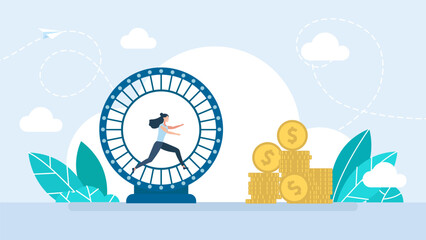 Tired businesswoman running in hamster wheel. Rat race business concept with businesswoman running in the hamster wheel working hard. Girl runs with idea of earning. Vector illustration