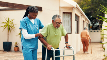 Nurse, senior man and outdoor with walker, help and support for recovery with injury at retirement village. Caregiver, elderly patient or person with disability with steps, frame and rehabilitation