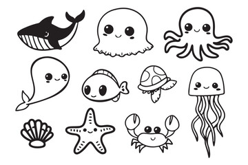 Cute Sea Animal Clipart Collection for Kids, Black and White Ocean Creatures Vector Pack, Printable Marine Life Illustrations for Crafts