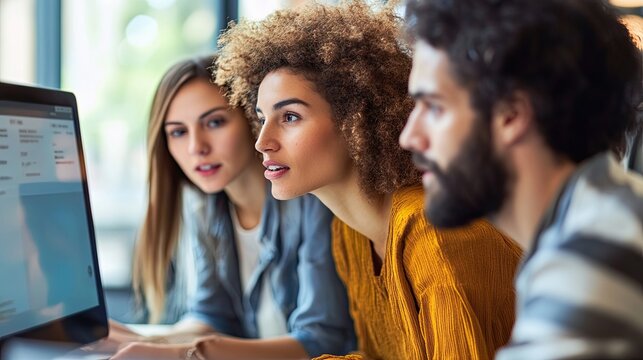 Diverse team collaborating on a project viewing a computer screen together