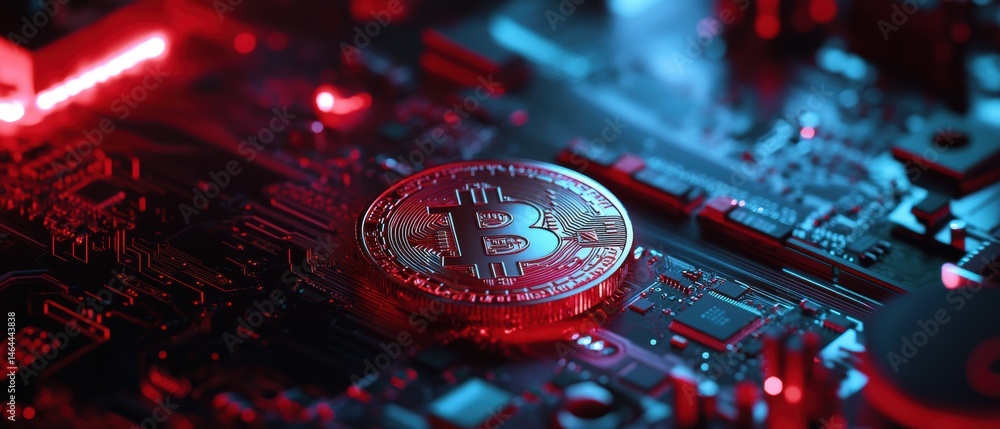 Poster bitcoin cryptocurrency coin on computer motherboard with illuminated circuit board technology in red