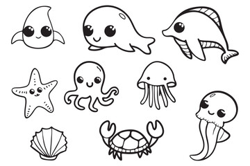Cute Sea Animal Clipart Collection for Kids, Black and White Ocean Creatures Vector Pack, Printable Marine Life Illustrations for Crafts