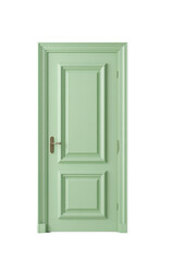 A closed pastel green wooden door with decorative panels and a brass handle stands isolated on a clean white background, displaying classic design details.