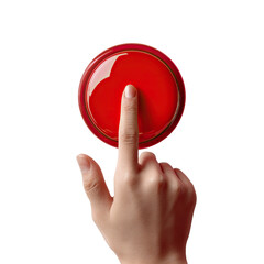 A finger is shown pushing a bright red, glossy button, isolated against a clean white background, emphasizing the action of activating or initiating something important.