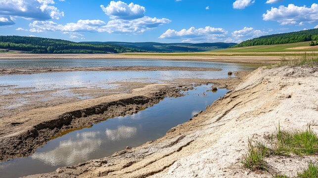 Dam reservoir at critically low water level with exposed edges