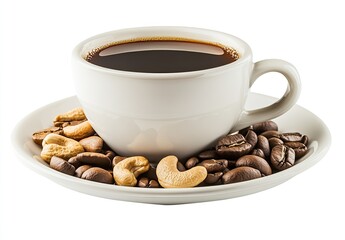Aromatic coffee in a white cup, surrounded by roasted coffee beans and cashews
