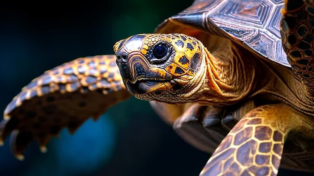 Close-up of a tortoise with dark brown and gold patterned shell, dark background, selective focus