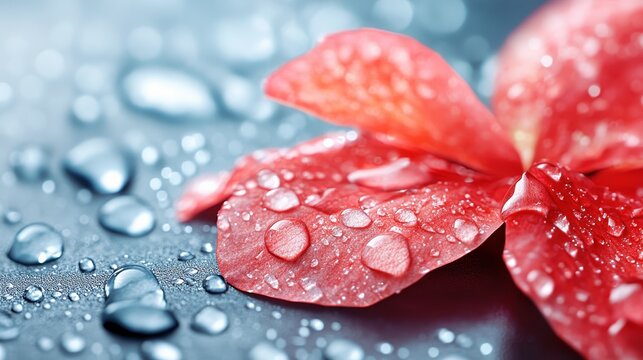 An alluring close-up of red flower petals glistening with droplets, showcasing the delicate nature of flowers while capturing a serene moment of tranquility.