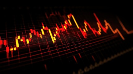 Fototapeta premium Stock market data visualization with candlestick chart showing financial trends, investment analysis, trading signals, and real-time analytics background.