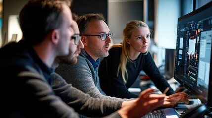 Focused team collaborating analyzing data graphs on a computer screen together