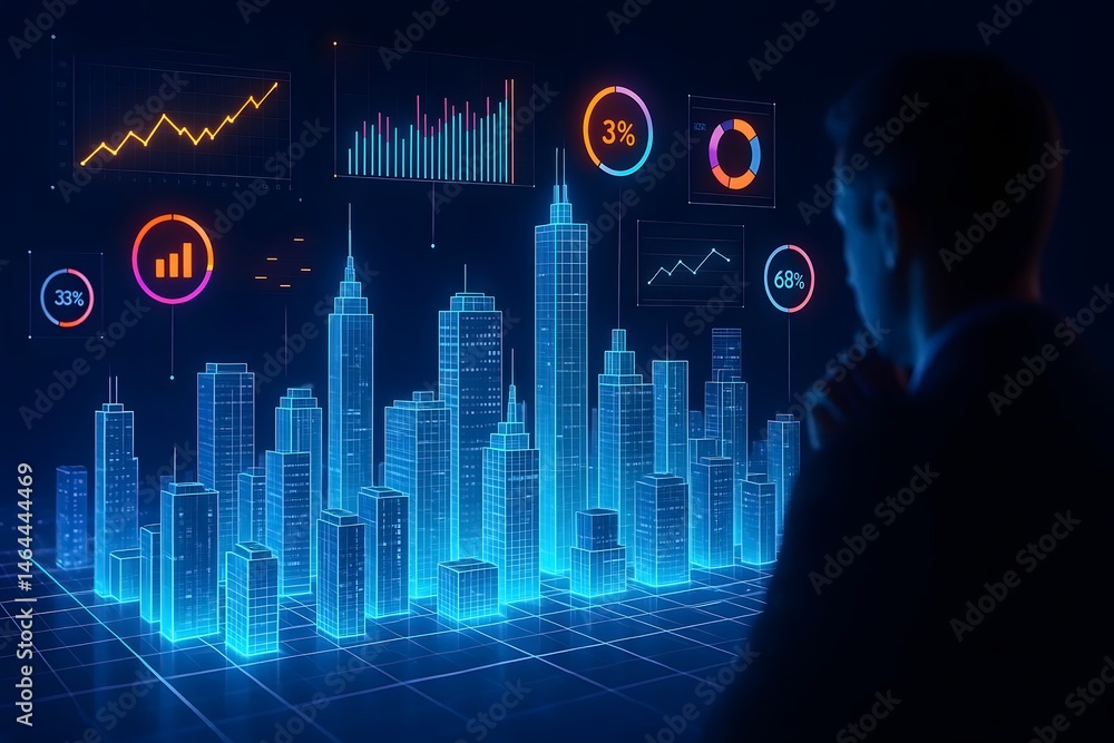 Poster conceptual depiction of a man contemplating data analysis and futuristic cityscape with financial ch