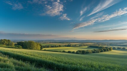 Fototapeta premium Vibrant summer landscape with a green field under a clear blue sky, evoking a serene natural scene