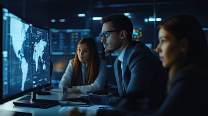 Global data analytics team collaborating on strategic insights from world map dashboards