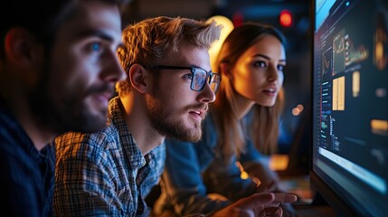 Focused teamwork: Multiethnic professionals analyzing data on a large display